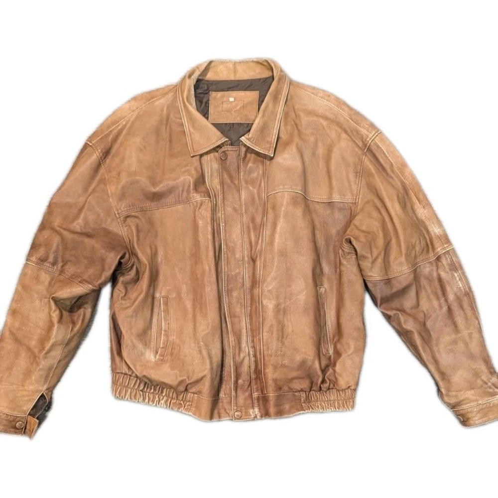 Vtg 90s Cyprus Leather Bomber Jacket Mens XL Tan THRASHED Lined Pockets Soft